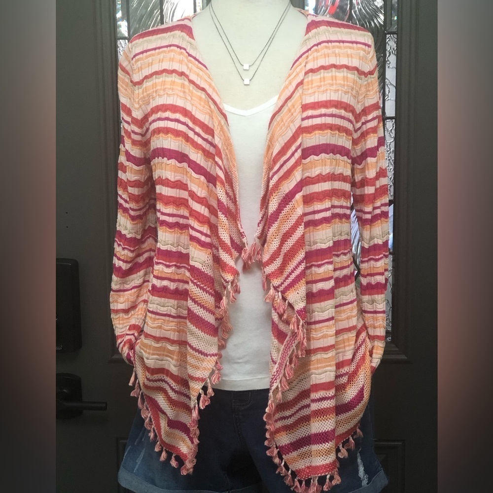 Chico’s Women’s Open Front Wave Stripe Tassel Cardigan | NWOT
